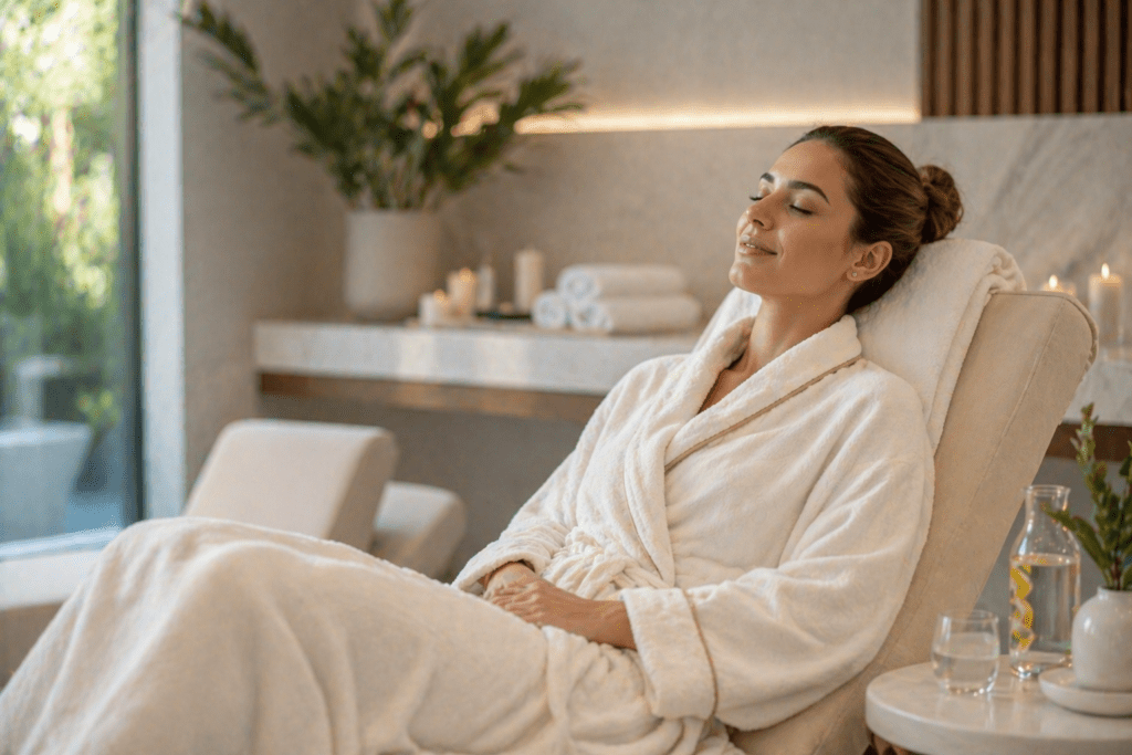A woman relaxing in a luxury spa environment after a medical treatment, wearing a comfortable robe, sitting calmly on a lounge chair, soft natural lighting, clean modern interior, peaceful atmosphere, no focus on body shape, professional wellness setting, high-end photography style